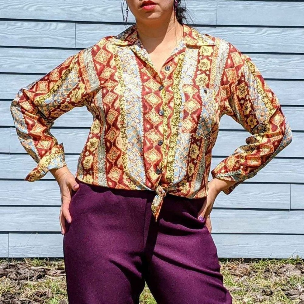 Vintage Robert Stock Silk Button Down Top Sz S